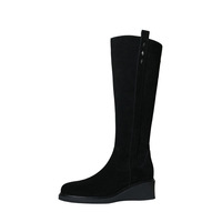 Bottes d'équitation d'hiver pour femme en cuir véritable, à bout rond, montantes, avec fermeture éclair, talon compensé et boucle décorative