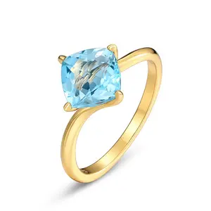 Stunning Big Sky Blue Topaz Cushion Cut Silver Jewelry Yellow Gold Plating Cocktail Ring