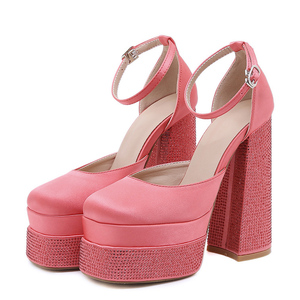 Escarpins à talons épais pour femmes avec strass et plate-forme en soie nouveau <span class=keywords><strong>d</strong></span>éfilé de mode <span class=keywords><strong>chaussures</strong></span> de soirée de <span class=keywords><strong>mariage</strong></span> <span class=keywords><strong>d</strong></span>'été - Product Image 1