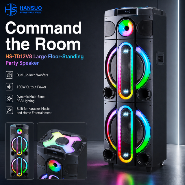 HANSUO HS-TD12V8 100W Dual 12 Inch Floor Standing Karaoke Party Speaker with Two Wireless Microphones USB FM and Dynamic Lights