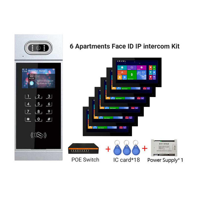 Facial Recognition IP Video Intercom 6 Units IP Doorbell System 7 Inch Touch Screen Hands-free for