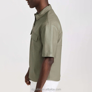 Modern Custom logo Short Sleeve Drop Shoulder Chest Pockets Hip Hop Men <strong>Cowboys</strong> Plus Size Shirts Zip up Plain Faux Leather Shirt - Product Image 3