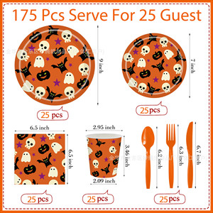 Halloween Pumpkin Skull Bat <b>Disposable</b> Tableware Set Paper <b>Plates</b> Cups Napkins Forks Spoons for Parties - Product Image 2