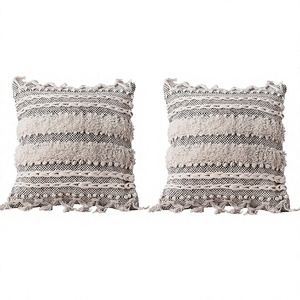 Bohemian Striped Throw Pillow Cover Square Linen Cotton Woven With Tassels And Pom Poms Removable Washable <b>Indoor</b> Outdoor Decor - Product Image 1