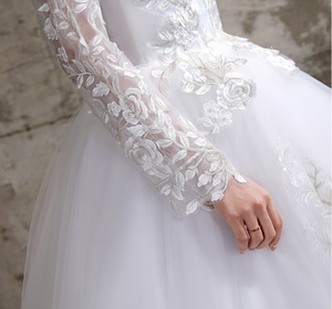 Abito da Sposa Personalizzato Stile Plus Size con Fiori, Abiti da Sposa da Sogno a Maniche Lunghe con Allacciatura, Abiti da Ballo - Product Image 5