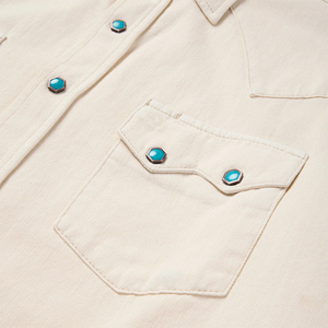 Camicia Western in <span class=keywords><strong>Denim</strong></span> 100% Cotone con Frontino Profondamente Curvato, Colore <span class=keywords><strong>Ecru</strong></span>, Lavaggio Garment, Chiusura Classica con Bottoni a Pressione - Product Image 5