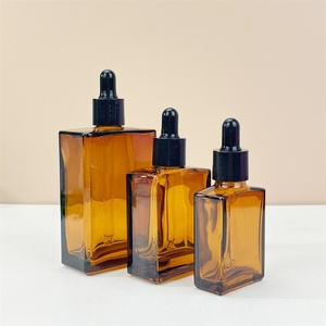 Stock 30ml 50ml 100ml Shiny Amber Brown Glass Rectangle Square <b>Dropper</b> <b>Bottle</b> with Black <b>Dropper</b> Cap - Product Image 3