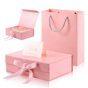 Luxury Black White Pink Custom Cosmetics Mailing Ribbon Paper Packaging Folding Magnet Gift Box For Bridesmaid Baby Gift With Ma