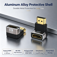 Adaptateur 8K 2.1 mâle vers femelle, connecteur d'extension à angle droit de 90 degrés, coque en aluminium plaqué or pour moniteur d'ordinateur portable