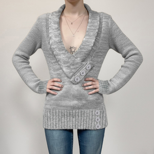 Suéter de Punto para Mujer, Estilo Vintage, Cuello Chal, Escote Profundo en V, Ajustado, Largo Medio - Product Image 3