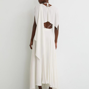 Vestido largo blanco de mujer con cuello halter, estilo casual, con cuello en V profundo y superposición drapeada, ideal para la noche - Nueva Colección 2026 - Product Image 5
