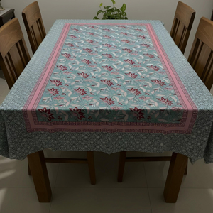 Nappe ethnique à fleurs bleu-vert et rose, housse de table en coton imprimée, linge de table décoratif pour cuisine, housse de table lavable - Product Image 1