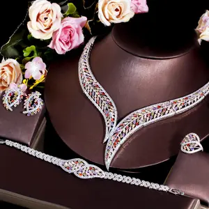 4Piece UAE Women Unique Leaf Shape African Multi Color CZ Necklace Earring Luxury Statement Wedding Party Jewelry Set for Brides