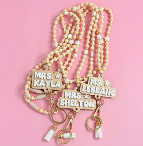 Personalized Wood <b>Bead</b> Lanyard ID Badge Holder Back to School Gift Breakaway Clasp Adjustable <b>Bead</b> Lanyard Phone Lanyard - Product Image 1