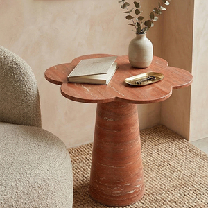 Table d'appoint Cammy Stone en travertin rouge, légère, style mid-century modern, pour petits salons et chambres, meubles faits à la main pour la maison - Product Image 1