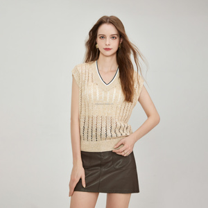 T-shirt da donna con scollo a V <span class=keywords><strong>in</strong></span> <span class=keywords><strong>Tulle</strong></span> e paillettes di qualità personalizzata maglione a righe con bordo a coste - Product Image 4