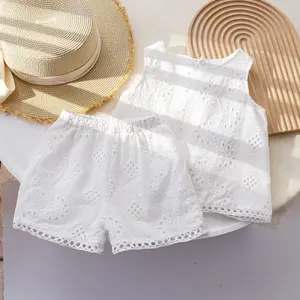 2024 Summer Kids Suit Sleeveless 2pcs Sweet Solid Color White Baby Girl Clothes Set