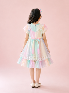 Elegante Vestido de Princesa para Niñas en Colores Pastel Arcoíris con Mangas Abullonadas, Adornos de Encaje y Lazos Decorativos para Fiestas de Cumpleaños - Product Image 4