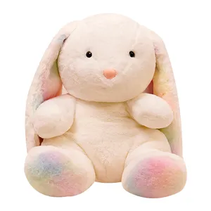 Good selling rainbow stuffed long ear rabbit plush doll custom logo embroidery bunny plush toy wholesale