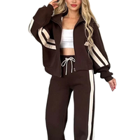 Ensemble de survêtement rayé zippé 2 pièces pour femme : sweat à capuche court à manches longues et pantalon large – Tenue décontractée de sport pour le quotidien