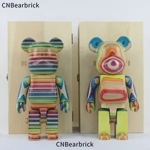 Bearbrick Haroshi 색 단단한 나무 빌딩 블록 곰 400% 28cm 무지개 곰 조수 놀이 인형 장식 액션 피규어