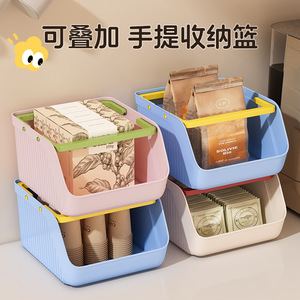 Portable <b>Storage</b> <b>Basket</b> Large Capacity Stackable With Handle For Cosmetic Snacks Stationery Home Desktop Organizer Blue Pink - Product Image 3