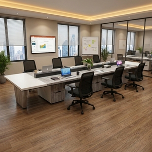Poste de travail modulaire multi-stations en bois massif avec rangement intégré et gestion des câbles - Product Image 6