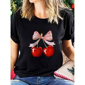 Blouse ou T-<span class=keywords><strong>shirt</strong></span> pour <span class=keywords><strong>femme</strong></span> en tricot respirant, à logo imprimé, design personnalisé, <span class=keywords><strong>avec</strong></span> <span class=keywords><strong>motif</strong></span> nœud cerise - Product Image 2