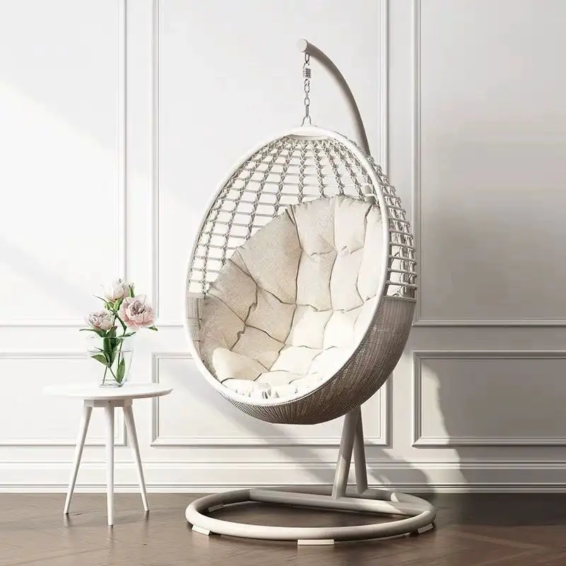 Garten Cane Möbel Metall Rattan Outdoor Patio Balkon Ei geformt Nest Korb Adult Wicker Hanging Swing Chair mit Ständer