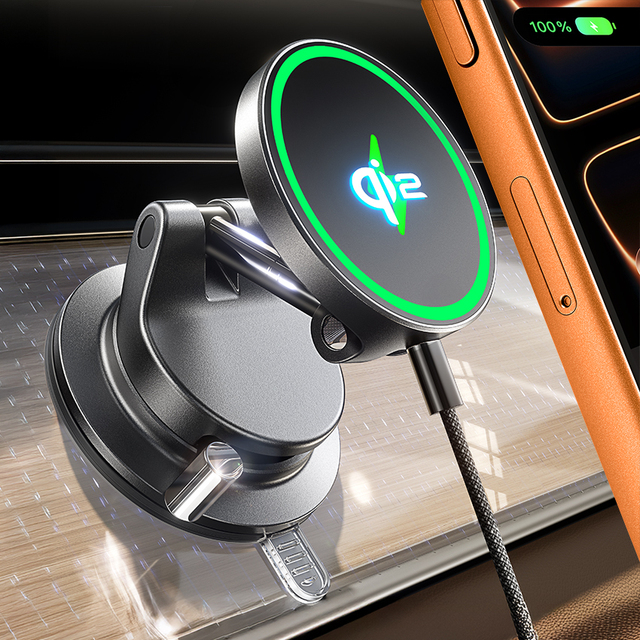LISEN Vacuum Suction Cup Qi2 Car Phone Mount 25W Wireless Charger Magnetic Auto Holder Stand for iPhone 17 Pro Max Samsung S25