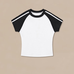 เสื้อยืดถักลายทางตัดสี คอกลม สไตล์เรโทร สำหรับผู้หญิงช่วงฤดูร้อน เสื้อยืดทรงเข้ารูป ผ้าเนื้อนุ่ม ยืดหยุ่นได้ดี ตัดต่อผ้าแบบมีสไตล์ - Product Image 2
