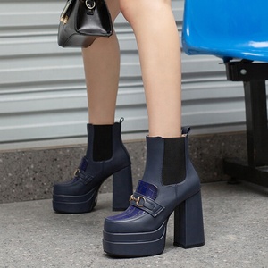 on Women's Big US Size 15 Short Ankle <b>Boots</b> Metal Ornaments Chunky Heels Shoes Stretch Top Wide Feet Pumps for Ladies - Product Image 2