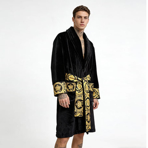 <span class=keywords><strong>Accappatoio</strong></span> in Velluto Stile Europeo Traspirante Stampato Nero e Oro a Maniche Lunghe per <span class=keywords><strong>Uomo</strong></span> - Product Image 1