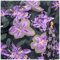 Tissu en Chiffon OEM/ODM en Gros 148cm 100% Polyester Imprimé Fleurs Violettes et Perles pour Hauts, Blouses et Robes de Soirée