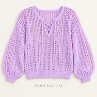 Pull personnalisé pour femme en maille ajourée, col lacé, manches longues bouffantes, idéal pour les vacances