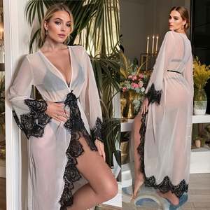 Sfy-y5125 2025 New Sexy Woman Roba Seduction See-through Mesh Maxi Long Kimono Bayhrobe Contrast Black Lace Pajama Sexy Lingerie - Product Image 1