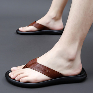 Tongs en cuir véritable marron avec semelle EVA antidérapante, tongs classiques d'été pour hommes - Product Image 3
