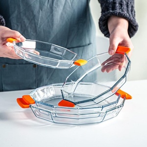Hxglass forno a microonde uso doppio orecchio esagonale piatto <span class=keywords><strong>di</strong></span> insalata temperato con coperchio resistente al calore torrefazione in vetro pentole - Product Image 2