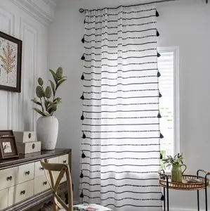 Stripe White Cotton Linen Printed Curtain Cloth Shading Window Curtain Woven Modern Texture Rope American Bohemian Black 1 Piece