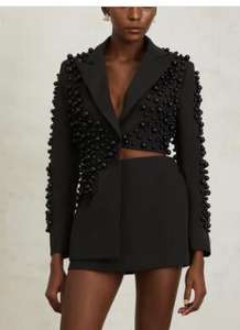 A10902 शरद फ्रेंच सुरुचिपूर्ण ठोस रंग महिलाओं के सूट सेट भारी बेडेड ब्लेज़र टॉप सीधे-लाइन स्कर्ट - Product Image 6