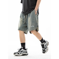 Shorts en jean mi-taille Penpace en nylon/coton pour homme, coupe ample, avec cordon de serrage, délavé, style vintage, logo personnalisé