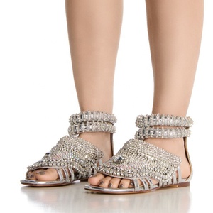 Big Size 47 Luxurious Silver Diamonds Flat Sandals Women Back Zipper Flat Heels Girls Summer <b>Shoes</b> Roman Styles Footwear - Product Image 1
