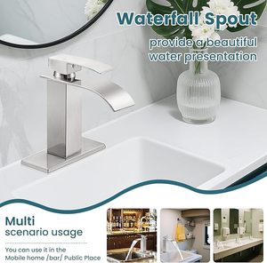 Grifo de baño de cascada-Manija única moderna, se adapta a lavabos de <span class=keywords><strong>1</strong></span> o 3 orificios, con cubierta, drenaje emergente y mangueras de suministro - Product Image 6