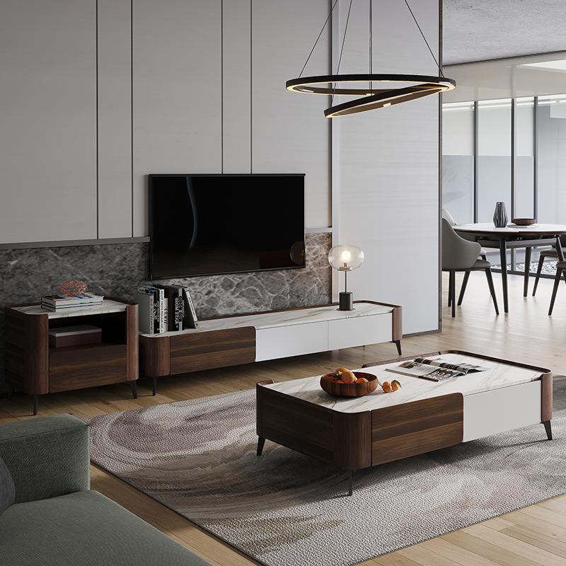 Modern wooden rectangular square marble top metal coffee table living room furniture