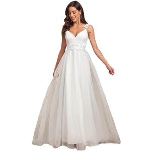 Wedding Dress A-Line V-Neck White Polyester Empire Waist Simple Straps Long Sleeve - Product Image 5
