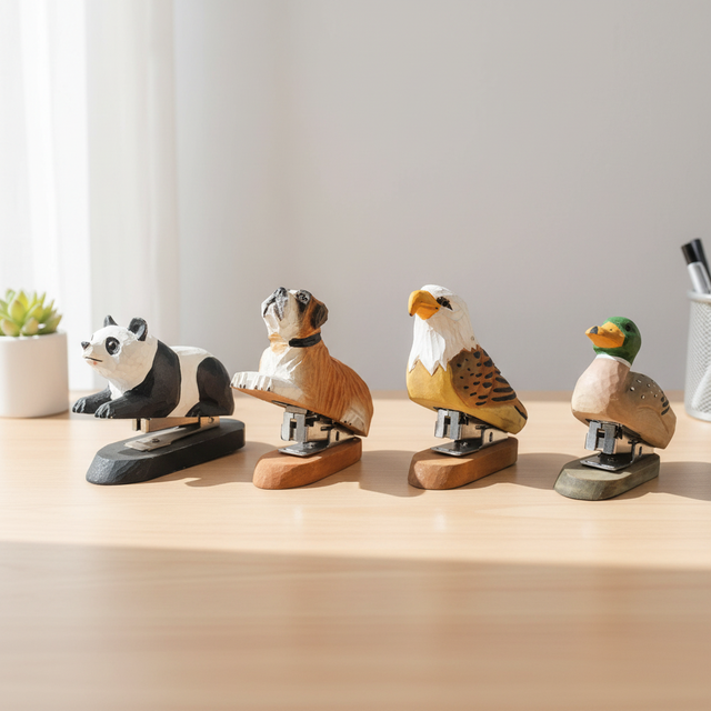 Wooden Handicrafts Creative Animal Shaped Stapler Promotional Gifts Tabletop Decoration Hand Carved Wooden Metal Stapler