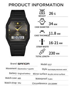 SANDA 6317 นาฬิกาข้อมืออเนกประสงค์ทรงสี่เหลี่ยมสำหรับทุกเพศแฟชั่นโครโนกราฟนาฬิกาปลุกกันน้ำกีฬานาฬิกาข้อมืออิเล็กทรอนิกส์ - Product Image 2