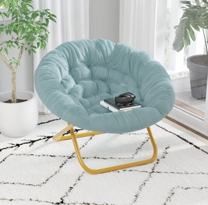 Fauteuil Saucer Pliant Portable Surdimensionné à Cadre Métallique Doré, en Fausse Fourrure Douce Aqua Poussiéreuse, pour Chambre ou Salon - Product Image 5