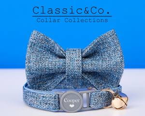 Ensemble de collier de sécurité pour chaton en velours bleu tweed avec nœud papillon, boucle gravée personnalisée et étiquette nominative – Cadeau pour mâle - Product Image 2