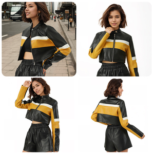 Кожаная куртка из искусственной кожи с контрастными вставками в европейско-американском стиле, с воротником-стойкой, облегающая, укороченная, для женщин - Product Image 4